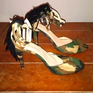Ashley Stewart Camouflage Ankle-Strap Stiletto Heels in Green and Tan